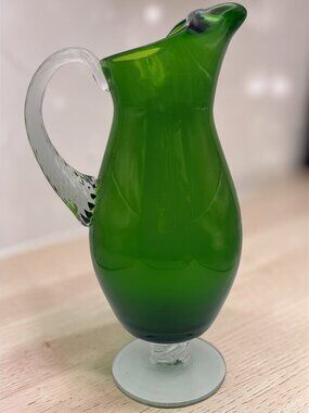 VTG Green Glass Pitcher W/Clear Handle Hand Blown Style Pitcher - EmpoIi Italian